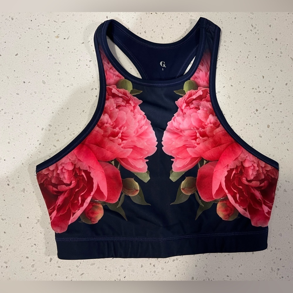 G Label by Goop Peony Floral Sports Bra Crop Top Navy Blue Pink Small NWOT - Picture 3 of 7